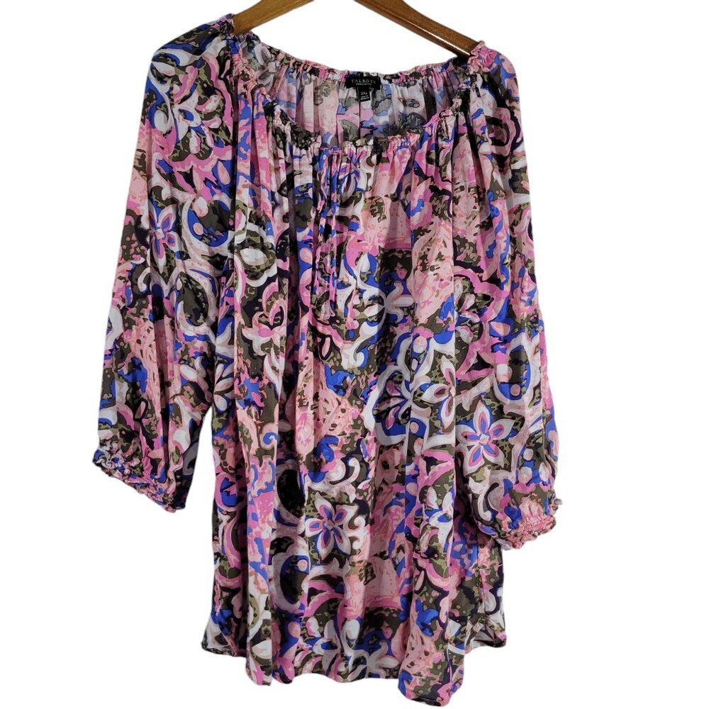 Talbots Peasant Tunic Top Womens 2X Petite Multicolor 3/4 Sleeve Scoop Neck Boho